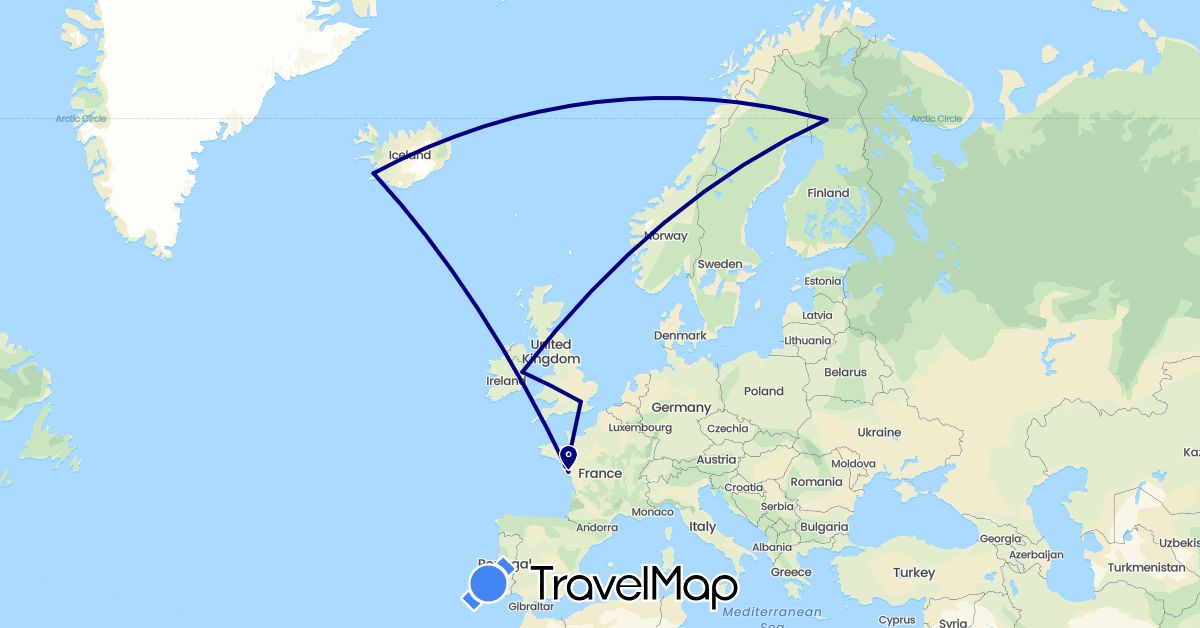 TravelMap itinerary: driving in Finland, France, United Kingdom, Ireland, Iceland (Europe)